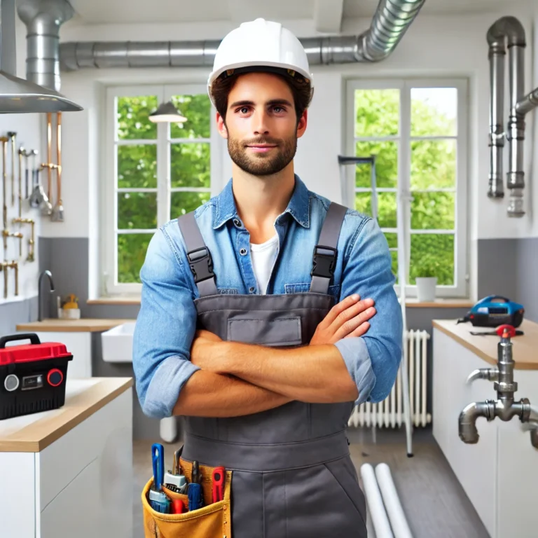 Un plombier professionnel se tenant avec assurance devant un espace de travail propre et moderne à Saint-Cloud, avec des outils de plomberie et des tuyaux visibles en arrière-plan, vêtu d'un uniforme et portant un casque de sécurité.