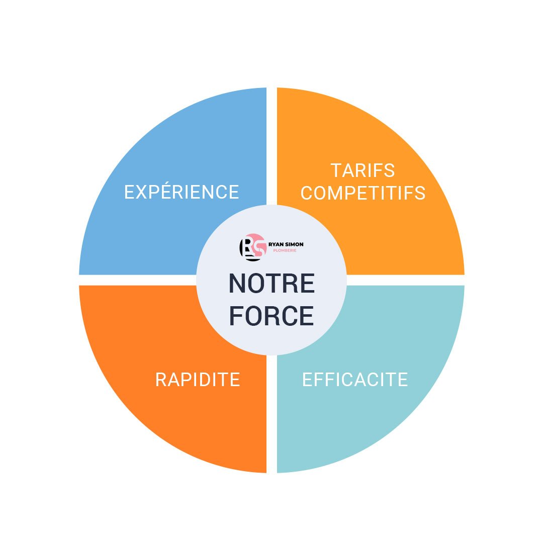 Graphique circulaire représentant les forces de Ryan Simon Plomberie à Saint-Cloud : expérience, tarifs compétitifs, rapidité et efficacité, reflétant les engagements envers ses clients.